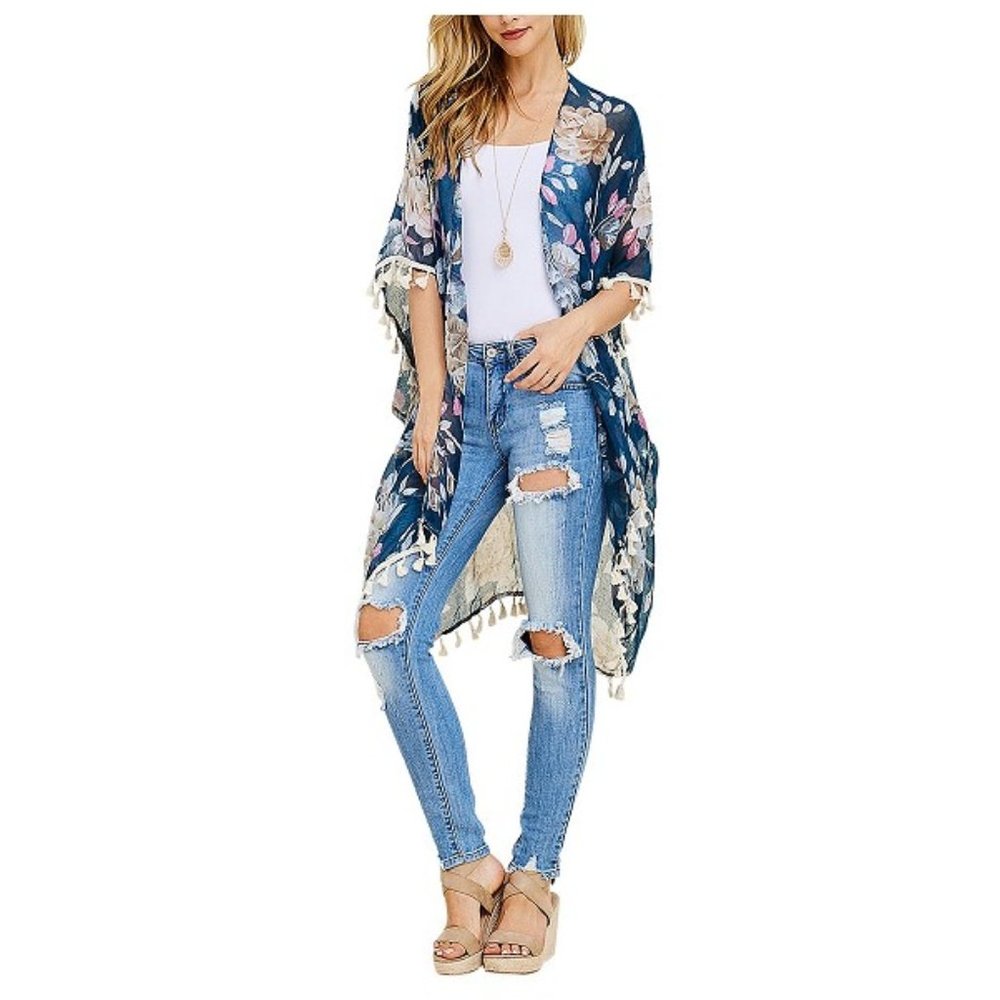 🫟 ONE SIZE: Trendy Blue Floral Sheer Kimono
